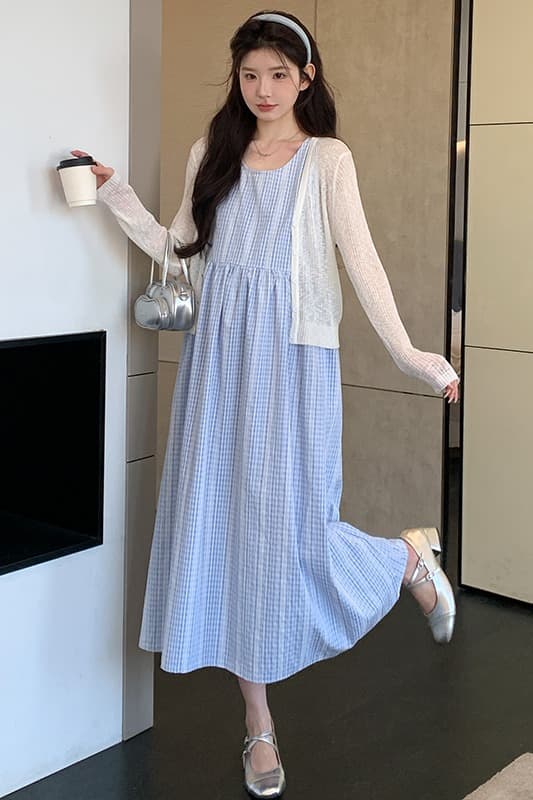 2026 여름 새로운 자외선 차단 오픈 가디건 봄바람 체크무늬 조끼 스커트 투피스 세트 세트 이미지 7