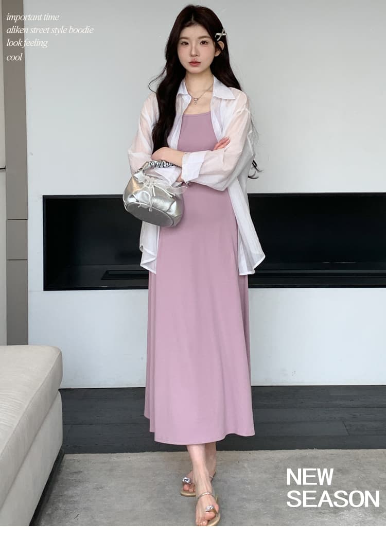 2026 봄 여름 한 부서 슬립 드레스 자외선 차단 루즈핏 느긋한 미니멀리즘 패션 셔츠 투피스 세트 상세 이미지 1