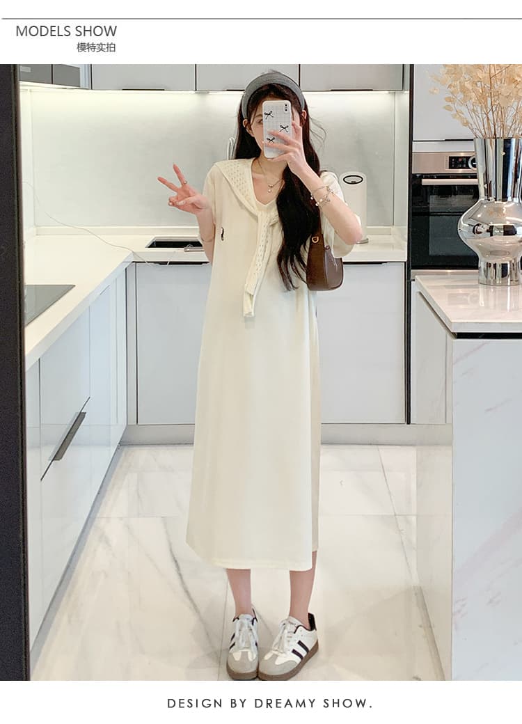2026 여름 제한적 둘 색상 캐주얼 티셔츠 드레스 표지 배 루즈핏 슬림해 보이는 벨트 숄 상세 이미지 19