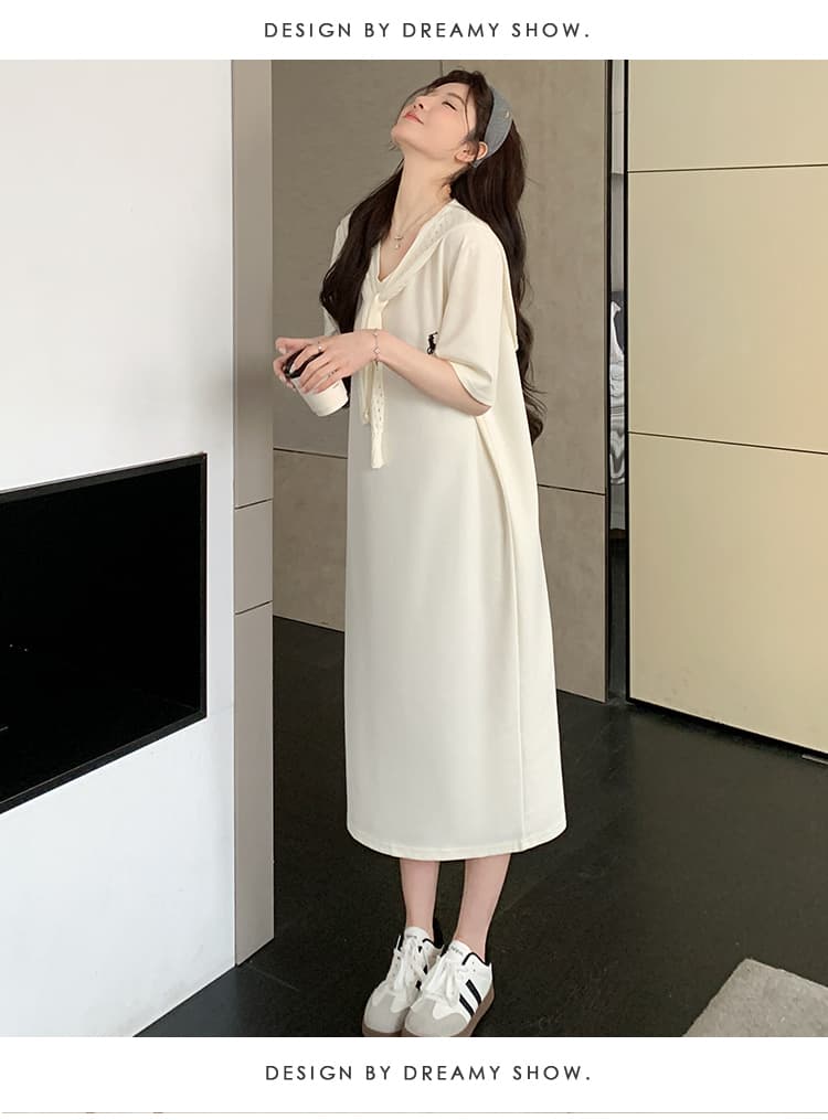 2026 여름 제한적 둘 색상 캐주얼 티셔츠 드레스 표지 배 루즈핏 슬림해 보이는 벨트 숄 상세 이미지 25