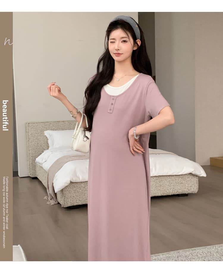 실사 지금 2026 새로운 임산부 여름 새로운 패션 루즈핏 슬림해 보이는 얼음 실크 페이크 레이어드 드레스 상세 이미지 6