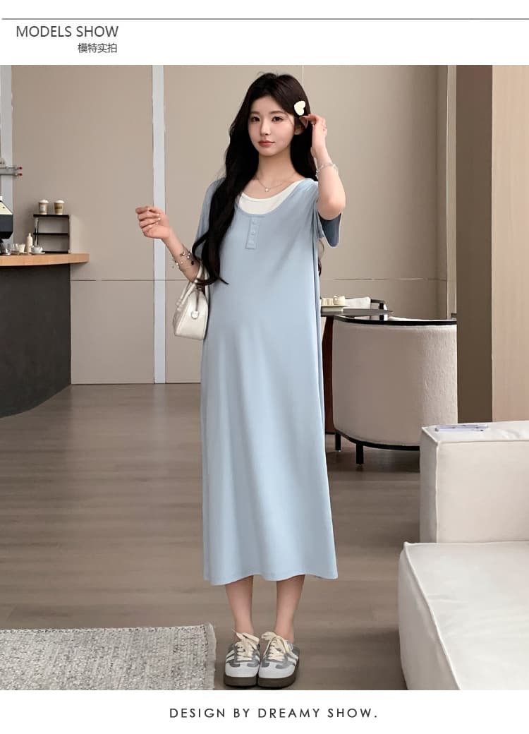 실사 지금 2026 새로운 임산부 여름 새로운 패션 루즈핏 슬림해 보이는 얼음 실크 페이크 레이어드 드레스 상세 이미지 13