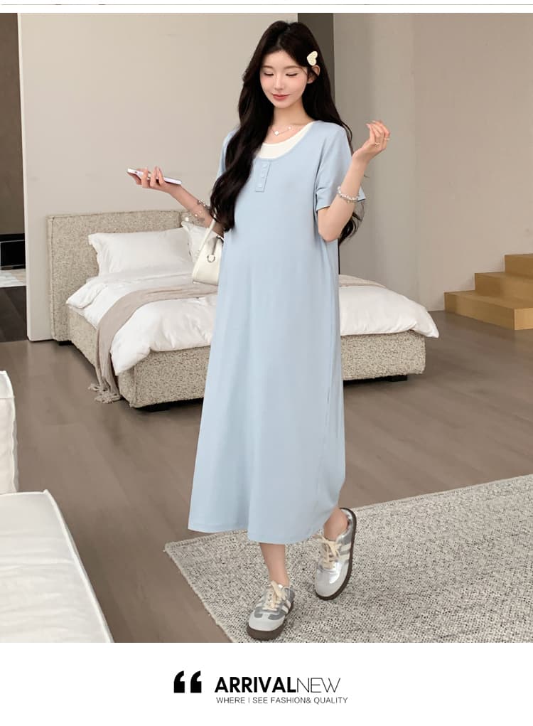 실사 지금 2026 새로운 임산부 여름 새로운 패션 루즈핏 슬림해 보이는 얼음 실크 페이크 레이어드 드레스 상세 이미지 14