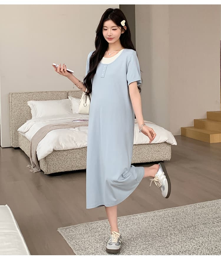 실사 지금 2026 새로운 임산부 여름 새로운 패션 루즈핏 슬림해 보이는 얼음 실크 페이크 레이어드 드레스 상세 이미지 15