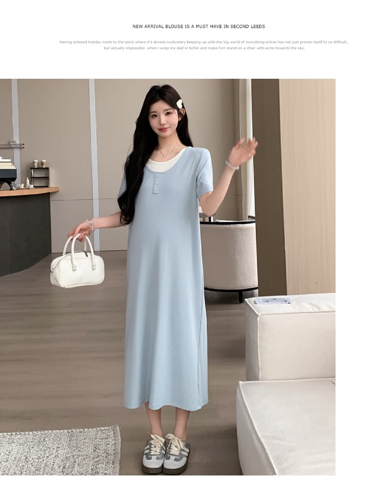 실사 지금 2026 새로운 임산부 여름 새로운 패션 루즈핏 슬림해 보이는 얼음 실크 페이크 레이어드 드레스 상세 이미지 16