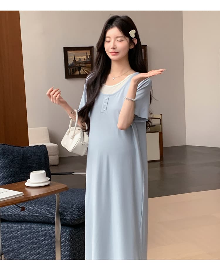 실사 지금 2026 새로운 임산부 여름 새로운 패션 루즈핏 슬림해 보이는 얼음 실크 페이크 레이어드 드레스 상세 이미지 22