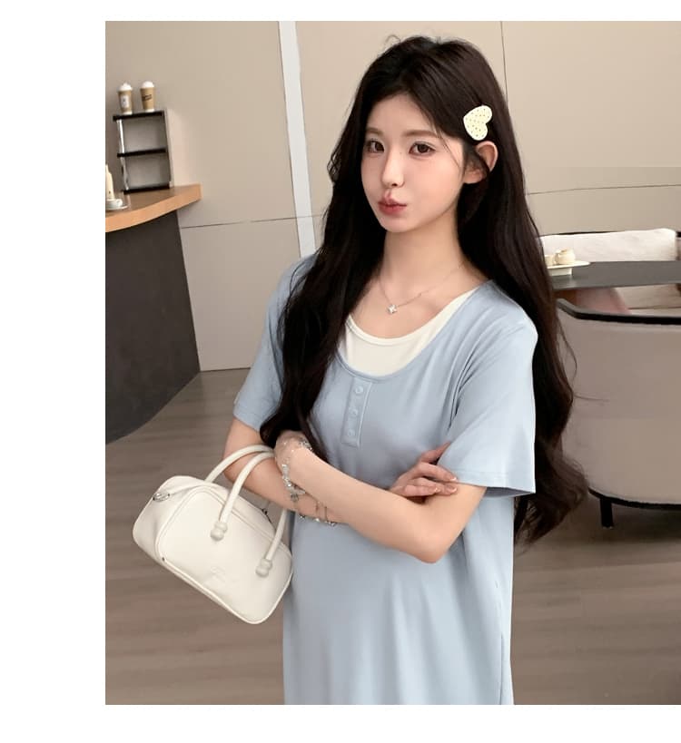 실사 지금 2026 새로운 임산부 여름 새로운 패션 루즈핏 슬림해 보이는 얼음 실크 페이크 레이어드 드레스 상세 이미지 24