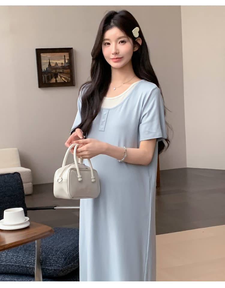 실사 지금 2026 새로운 임산부 여름 새로운 패션 루즈핏 슬림해 보이는 얼음 실크 페이크 레이어드 드레스 상세 이미지 25