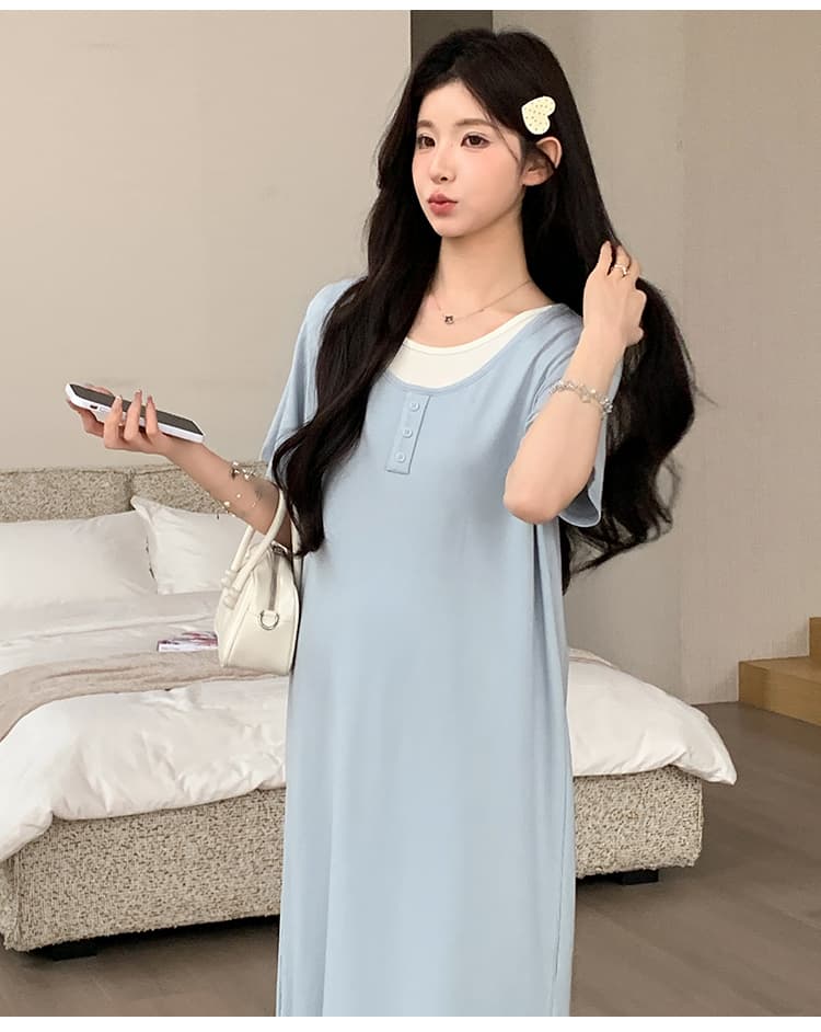 실사 지금 2026 새로운 임산부 여름 새로운 패션 루즈핏 슬림해 보이는 얼음 실크 페이크 레이어드 드레스 상세 이미지 27