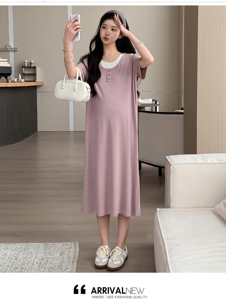 실사 지금 2026 새로운 임산부 여름 새로운 패션 루즈핏 슬림해 보이는 얼음 실크 페이크 레이어드 드레스 상세 이미지 34