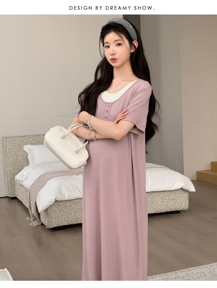 실사 지금 2026 새로운 임산부 여름 새로운 패션 루즈핏 슬림해 보이는 얼음 실크 페이크 레이어드 드레스 상세 이미지 45