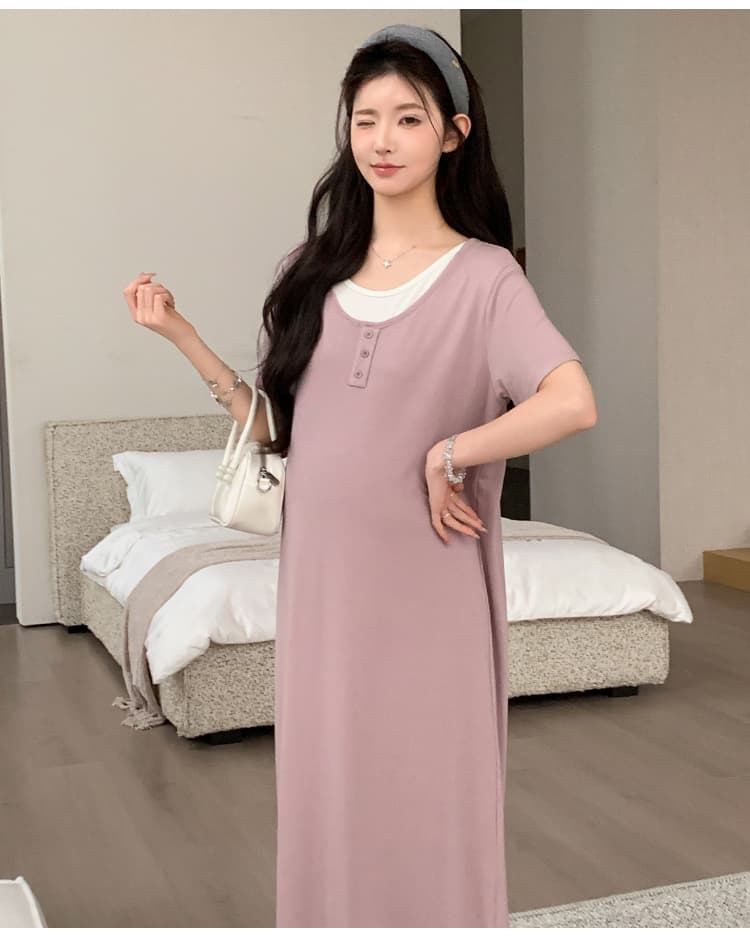 실사 지금 2026 새로운 임산부 여름 새로운 패션 루즈핏 슬림해 보이는 얼음 실크 페이크 레이어드 드레스 상세 이미지 46
