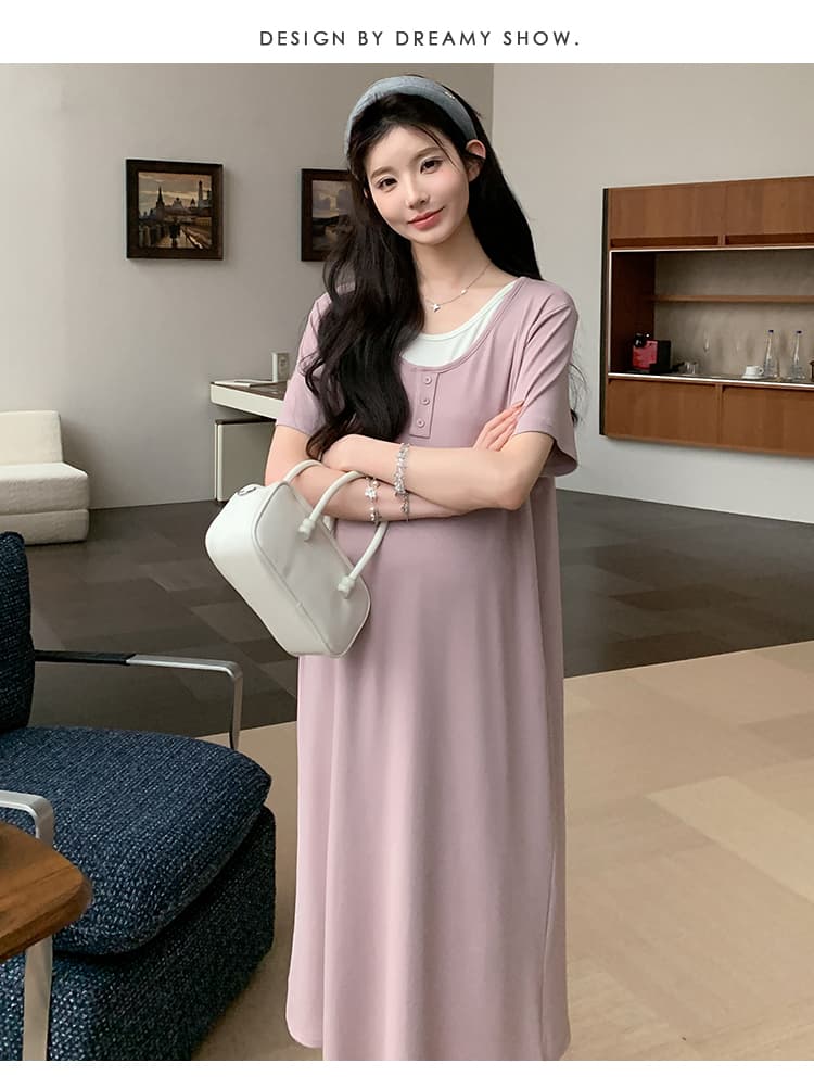 실사 지금 2026 새로운 임산부 여름 새로운 패션 루즈핏 슬림해 보이는 얼음 실크 페이크 레이어드 드레스 상세 이미지 47