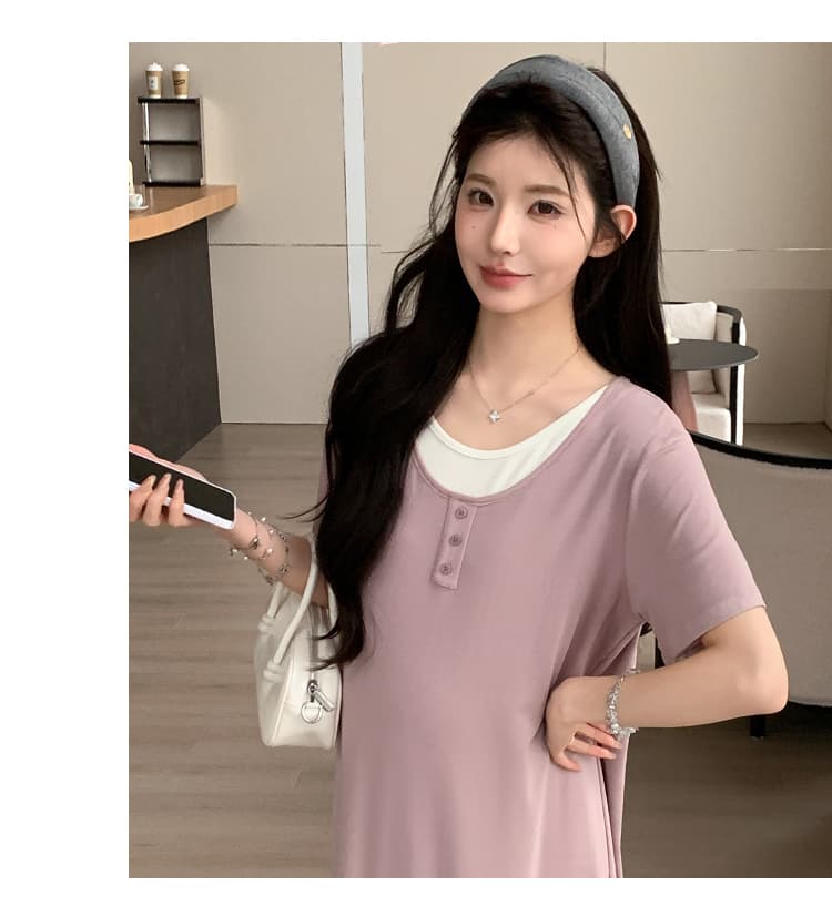 실사 지금 2026 새로운 임산부 여름 새로운 패션 루즈핏 슬림해 보이는 얼음 실크 페이크 레이어드 드레스 상세 이미지 51