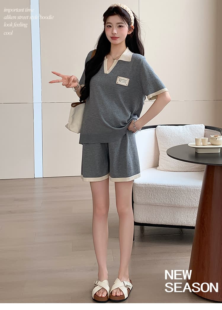 여름 새로운 루즈핏 다용도 임산부 세트 배색 V넥 맨위 반바지 투피스 슈트 상세 이미지 1