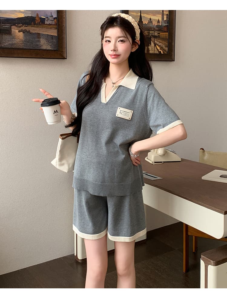 여름 새로운 루즈핏 다용도 임산부 세트 배색 V넥 맨위 반바지 투피스 슈트 상세 이미지 18