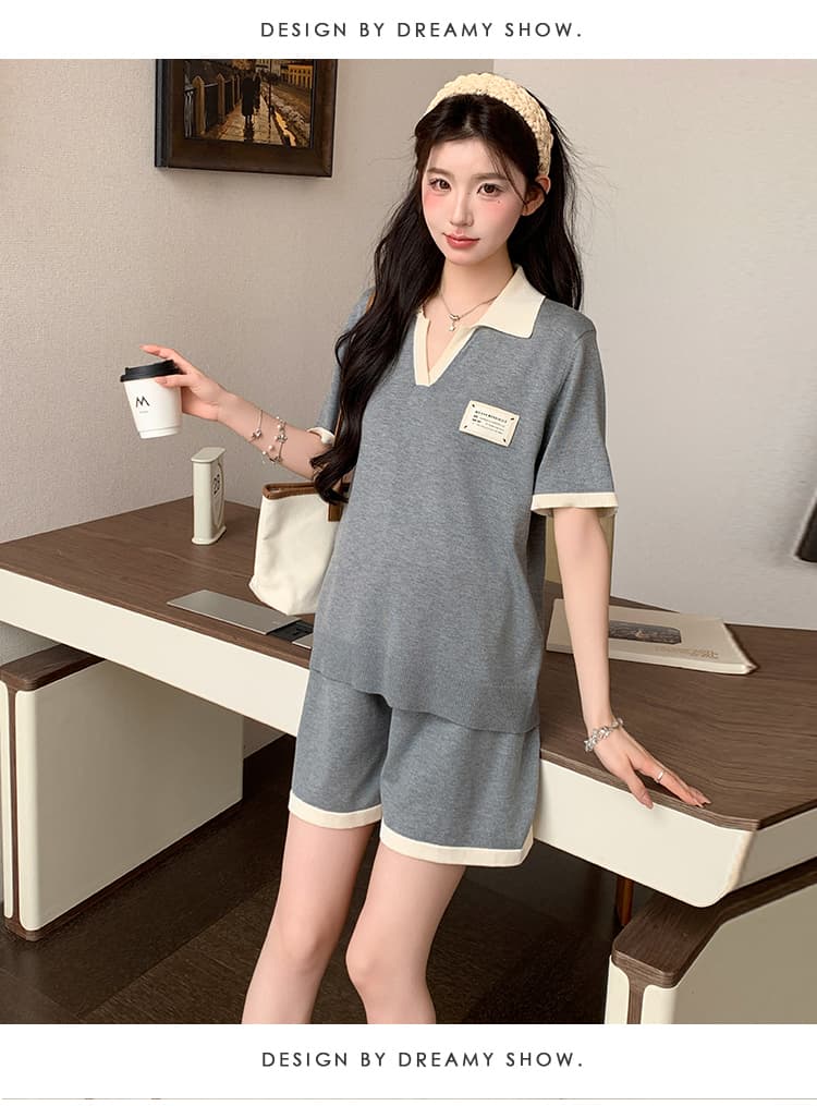 여름 새로운 루즈핏 다용도 임산부 세트 배색 V넥 맨위 반바지 투피스 슈트 상세 이미지 19