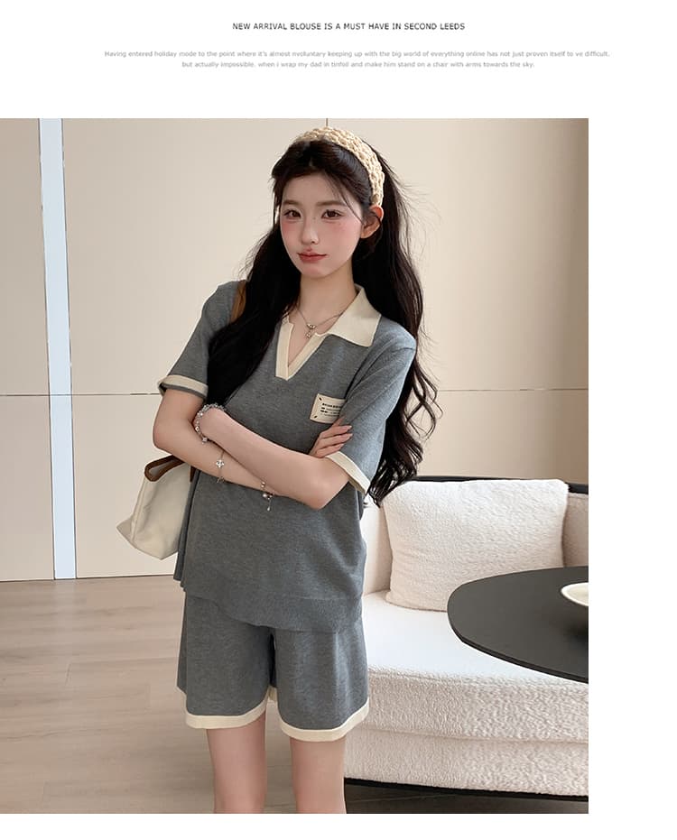 여름 새로운 루즈핏 다용도 임산부 세트 배색 V넥 맨위 반바지 투피스 슈트 상세 이미지 22