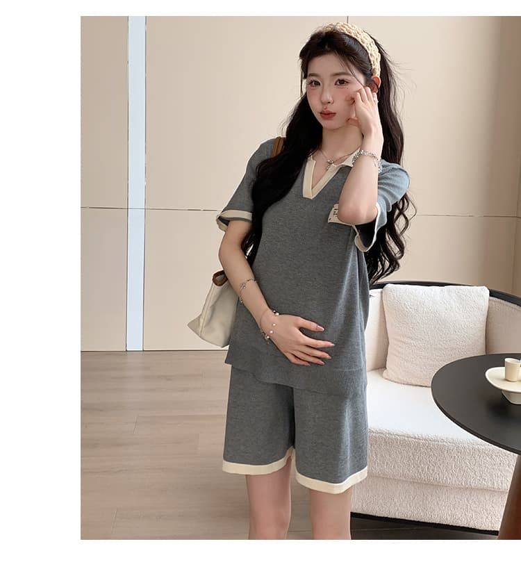 여름 새로운 루즈핏 다용도 임산부 세트 배색 V넥 맨위 반바지 투피스 슈트 상세 이미지 23
