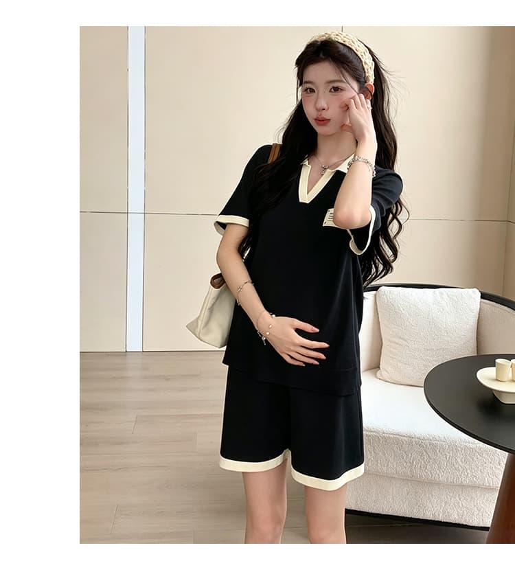 여름 새로운 루즈핏 다용도 임산부 세트 배색 V넥 맨위 반바지 투피스 슈트 상세 이미지 35