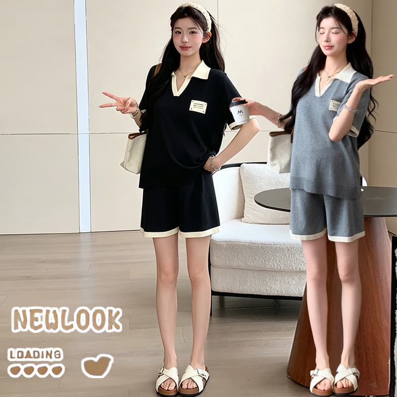 여름 새로운 루즈핏 다용도 임산부 세트 배색 V넥 맨위 반바지 투피스 슈트 이미지 3