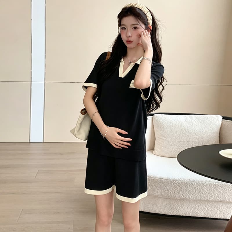여름 새로운 루즈핏 다용도 임산부 세트 배색 V넥 맨위 반바지 투피스 슈트 이미지 6
