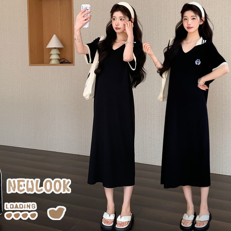 polo 드레스 2026 여름 새로운 임산부 학원 스타일 품격 폴로 칼라 반팔 치마 이미지 6