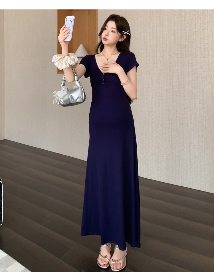 2026 임산부 새로운 프랑스식 레이스 허리 수축 V넥 롱 스커트 슬림해 보이는 드레스 상세 이미지 17