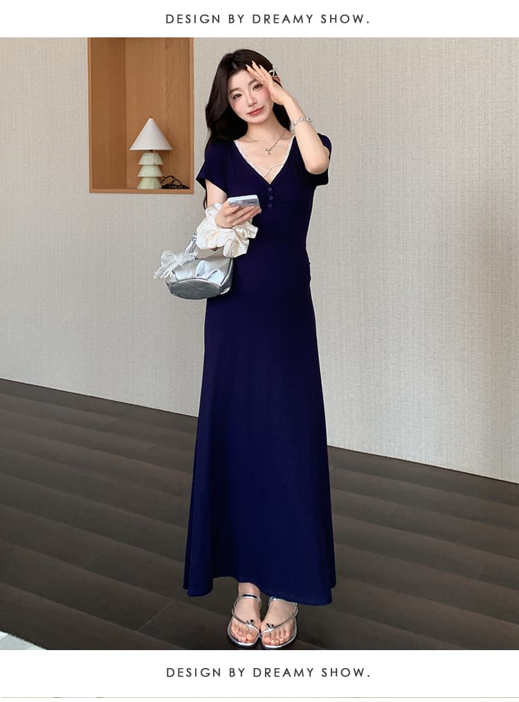 2026 임산부 새로운 프랑스식 레이스 허리 수축 V넥 롱 스커트 슬림해 보이는 드레스 상세 이미지 18