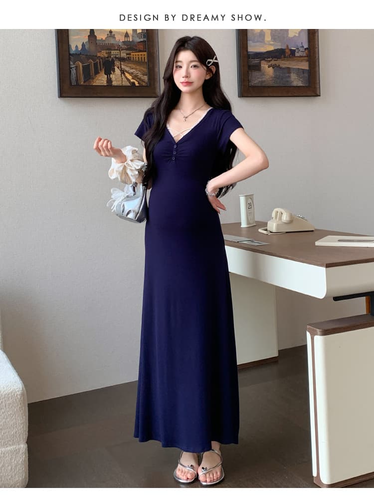 2026 임산부 새로운 프랑스식 레이스 허리 수축 V넥 롱 스커트 슬림해 보이는 드레스 상세 이미지 26