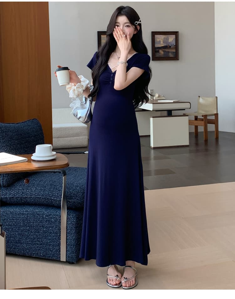 2026 임산부 새로운 프랑스식 레이스 허리 수축 V넥 롱 스커트 슬림해 보이는 드레스 상세 이미지 27