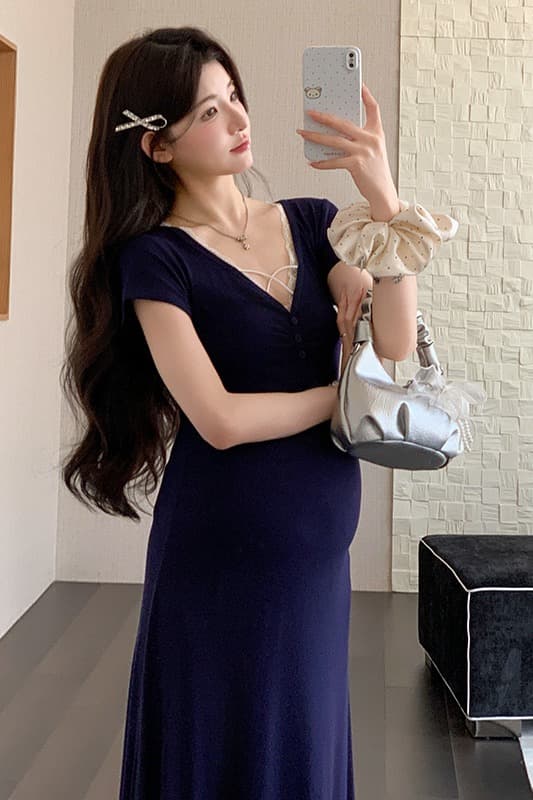 2026 임산부 새로운 프랑스식 레이스 허리 수축 V넥 롱 스커트 슬림해 보이는 드레스 이미지 7
