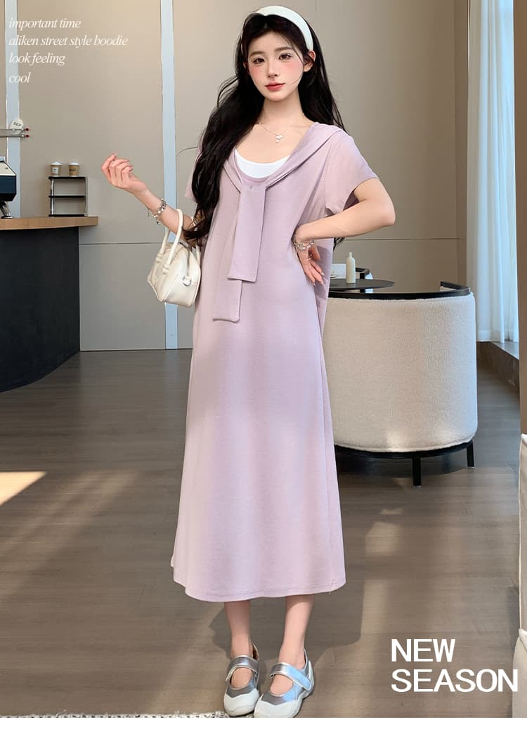 2026 여름 새로운 페이크 레이어드 숄 드레스 캐주얼 슬림해 보이는 티셔츠 치마 롱 스커트 상세 이미지 1