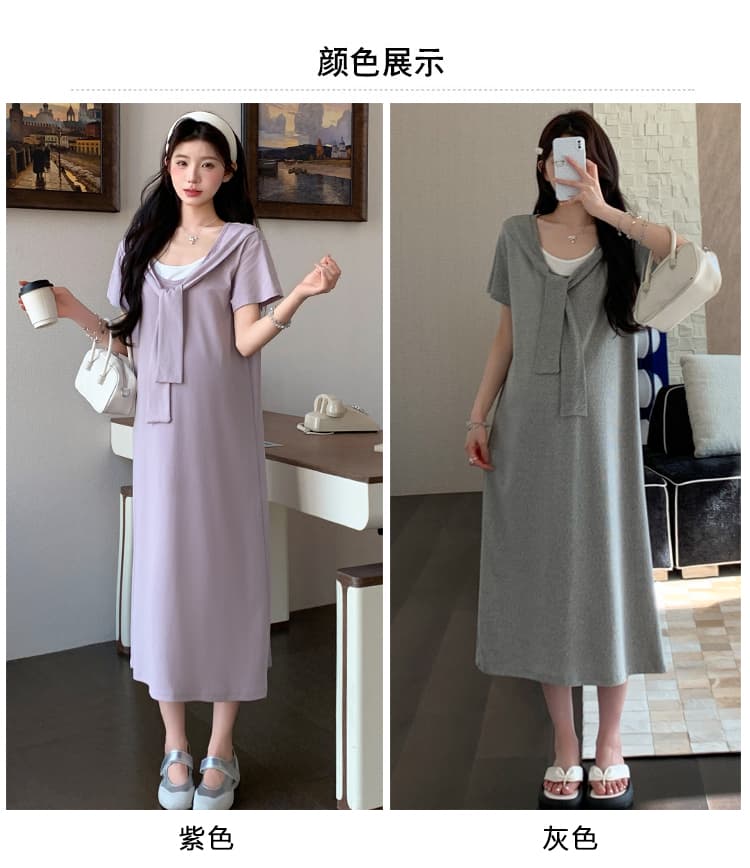 2026 여름 새로운 페이크 레이어드 숄 드레스 캐주얼 슬림해 보이는 티셔츠 치마 롱 스커트 상세 이미지 12