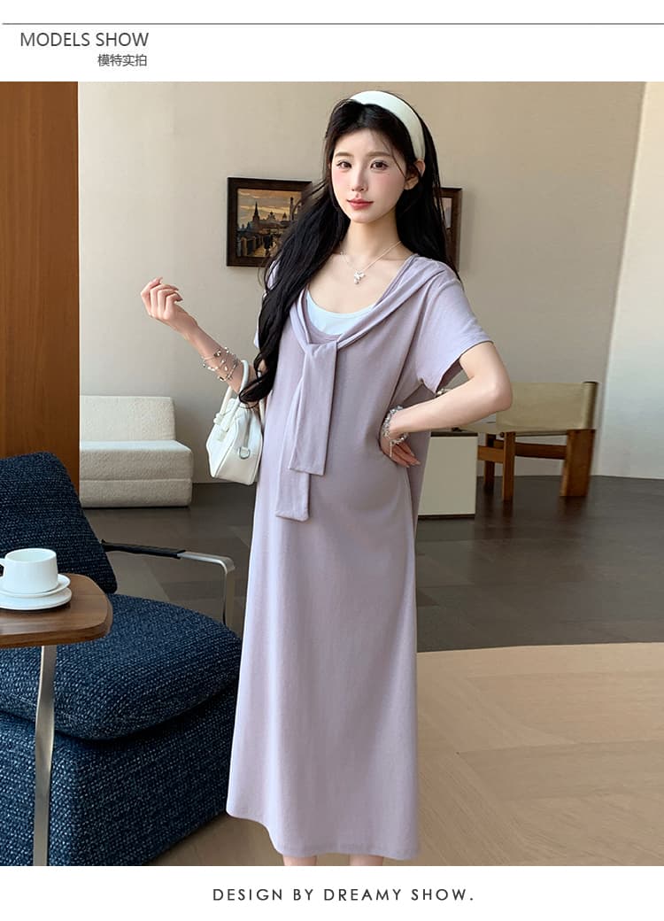 2026 여름 새로운 페이크 레이어드 숄 드레스 캐주얼 슬림해 보이는 티셔츠 치마 롱 스커트 상세 이미지 13