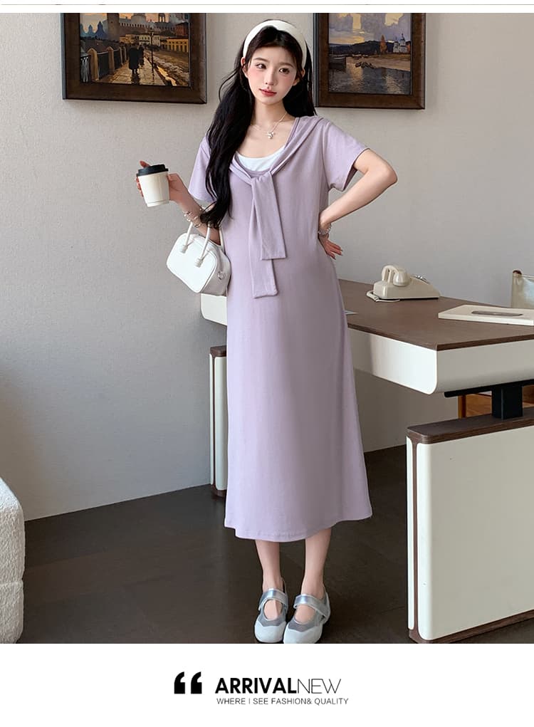 2026 여름 새로운 페이크 레이어드 숄 드레스 캐주얼 슬림해 보이는 티셔츠 치마 롱 스커트 상세 이미지 14