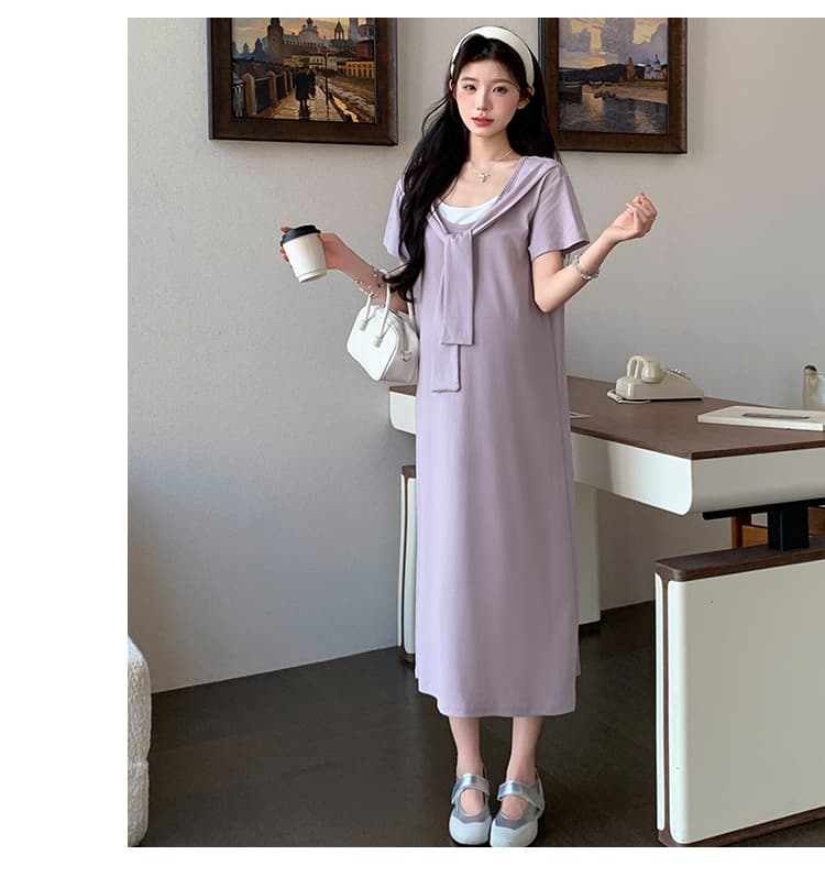 2026 여름 새로운 페이크 레이어드 숄 드레스 캐주얼 슬림해 보이는 티셔츠 치마 롱 스커트 상세 이미지 17