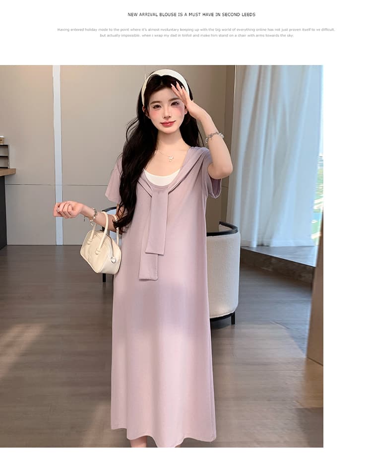 2026 여름 새로운 페이크 레이어드 숄 드레스 캐주얼 슬림해 보이는 티셔츠 치마 롱 스커트 상세 이미지 22