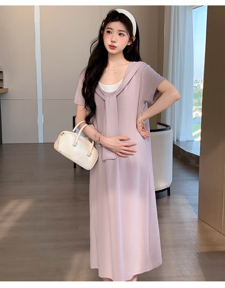 2026 여름 새로운 페이크 레이어드 숄 드레스 캐주얼 슬림해 보이는 티셔츠 치마 롱 스커트 상세 이미지 24