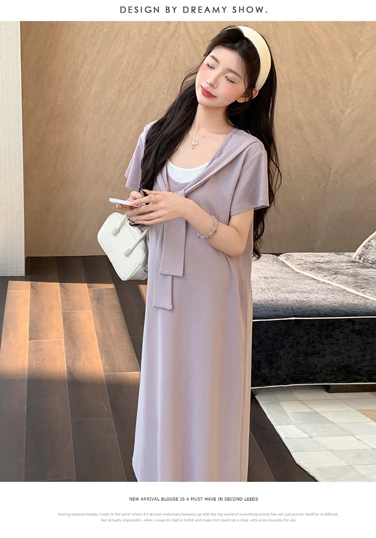 2026 여름 새로운 페이크 레이어드 숄 드레스 캐주얼 슬림해 보이는 티셔츠 치마 롱 스커트 상세 이미지 29
