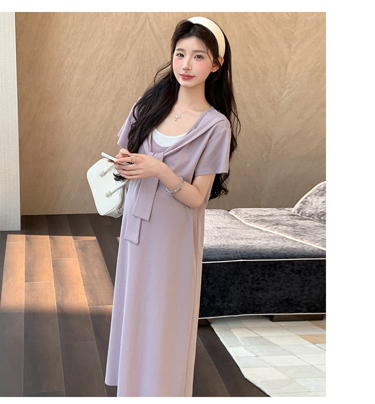2026 여름 새로운 페이크 레이어드 숄 드레스 캐주얼 슬림해 보이는 티셔츠 치마 롱 스커트 상세 이미지 30