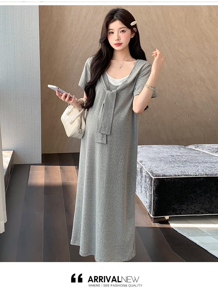 2026 여름 새로운 페이크 레이어드 숄 드레스 캐주얼 슬림해 보이는 티셔츠 치마 롱 스커트 상세 이미지 37
