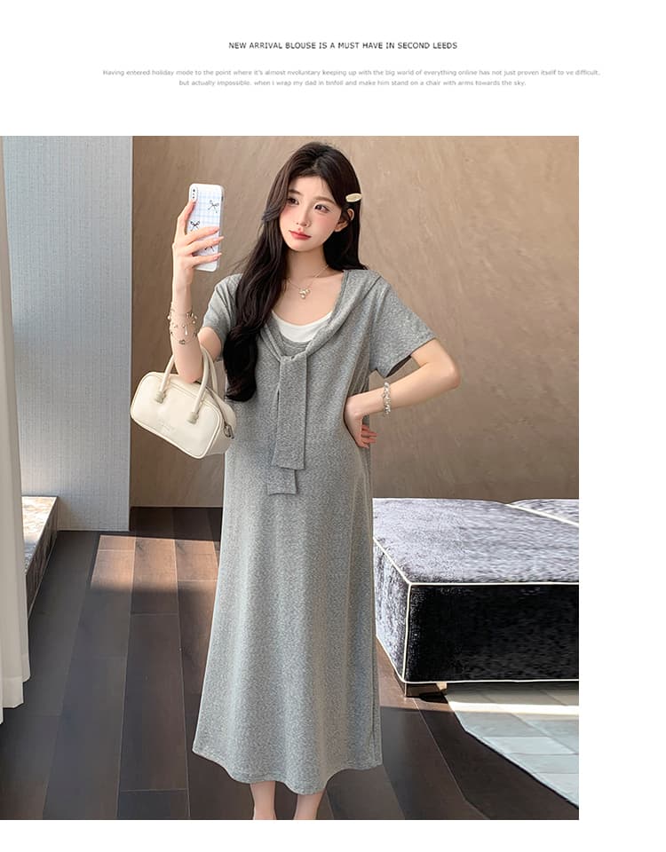 2026 여름 새로운 페이크 레이어드 숄 드레스 캐주얼 슬림해 보이는 티셔츠 치마 롱 스커트 상세 이미지 39