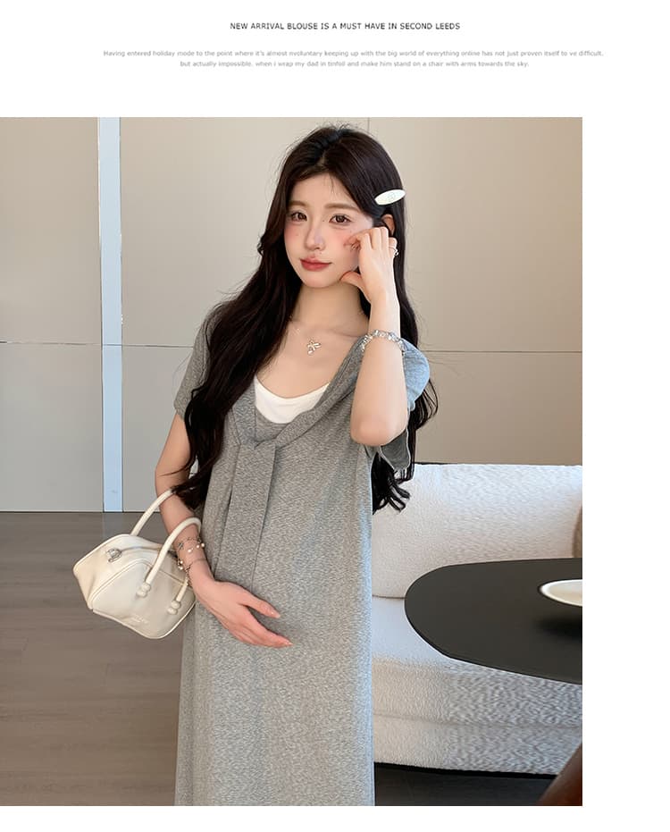 2026 여름 새로운 페이크 레이어드 숄 드레스 캐주얼 슬림해 보이는 티셔츠 치마 롱 스커트 상세 이미지 45