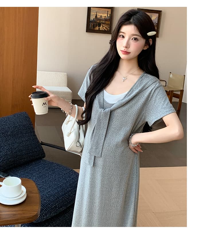 2026 여름 새로운 페이크 레이어드 숄 드레스 캐주얼 슬림해 보이는 티셔츠 치마 롱 스커트 상세 이미지 53
