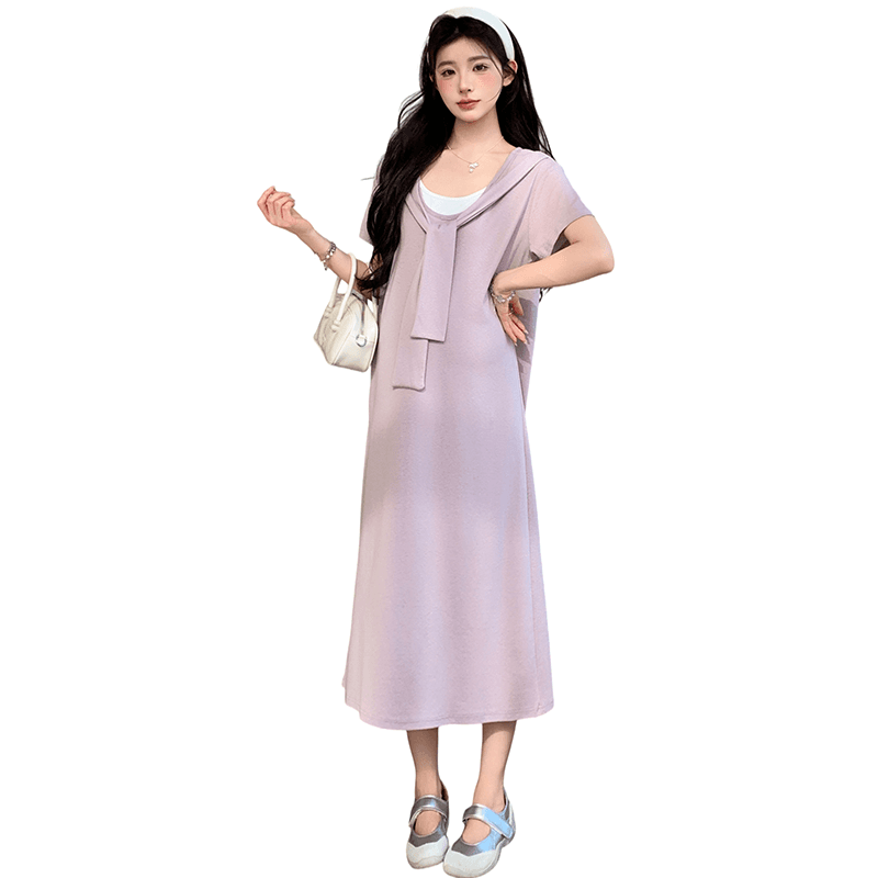 2026 여름 새로운 페이크 레이어드 숄 드레스 캐주얼 슬림해 보이는 티셔츠 치마 롱 스커트 이미지 6