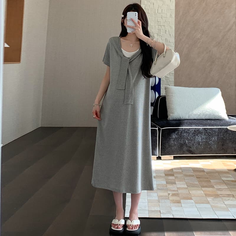 2026 여름 새로운 페이크 레이어드 숄 드레스 캐주얼 슬림해 보이는 티셔츠 치마 롱 스커트 이미지 5