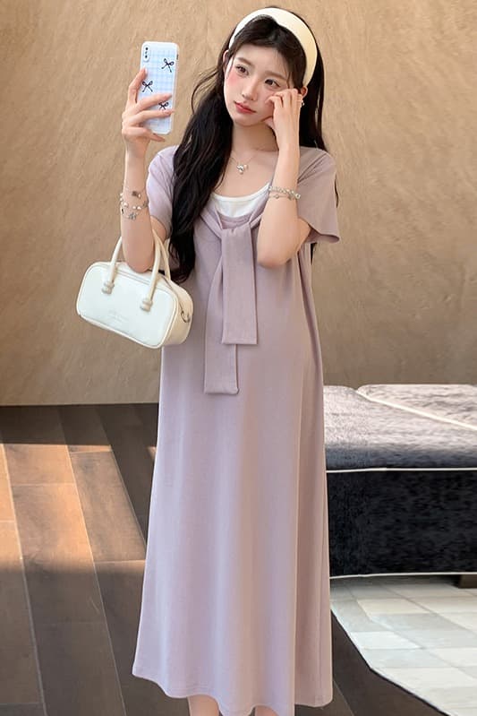 2026 여름 새로운 페이크 레이어드 숄 드레스 캐주얼 슬림해 보이는 티셔츠 치마 롱 스커트 이미지 7