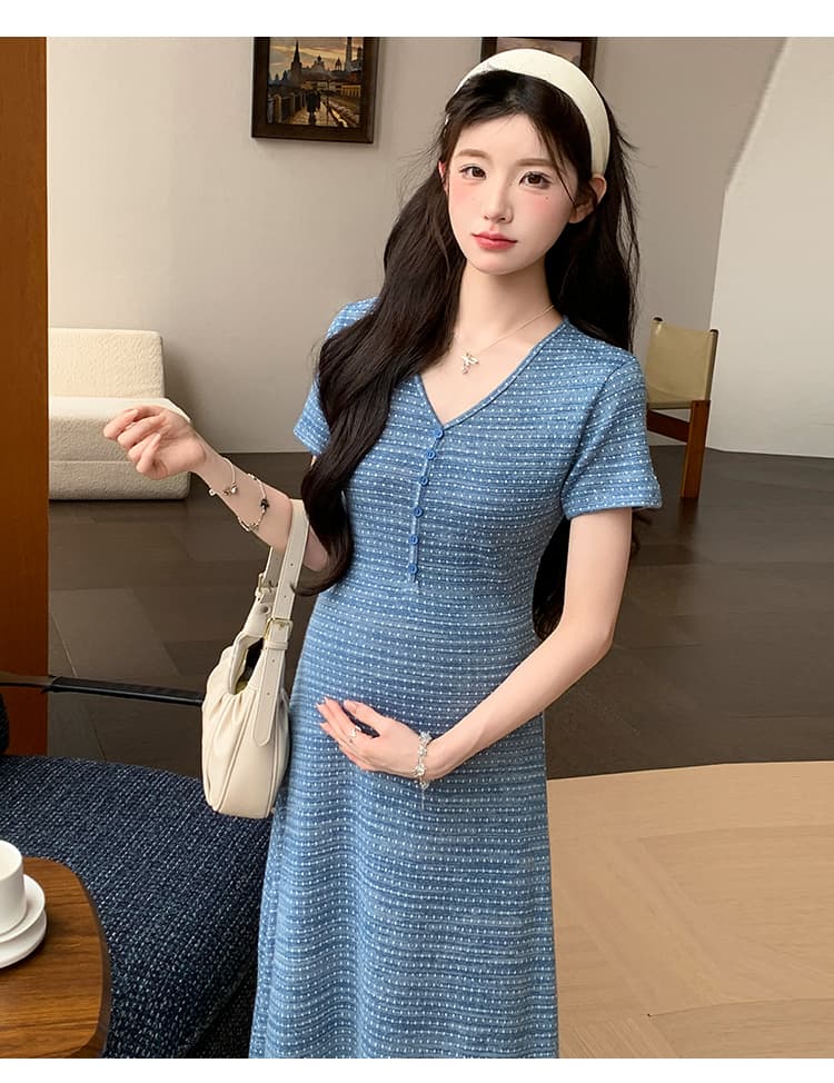 2026 년 임산부 여름 디자인 센스 브이넥 반팔 슬림해 보이는 캐주얼 드레스 상세 이미지 18