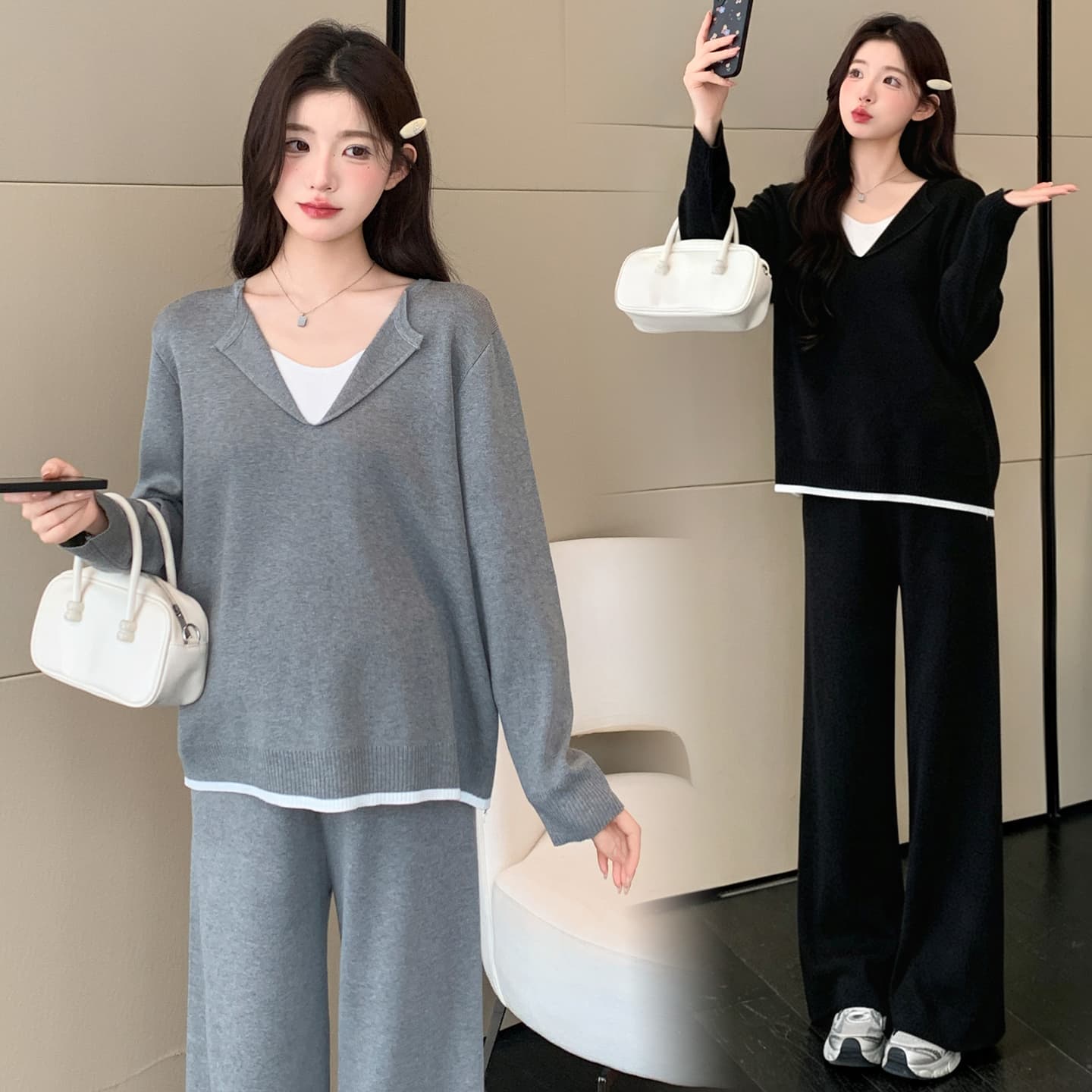 2026 가을 겨울 새로운 페이크 레이어드 V넥 디자인 센스 캐주얼 세트 이미지 5